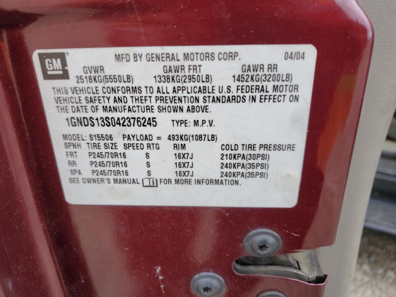 1GNDS13S042376245 2004 Chevrolet Trailblazer Ls