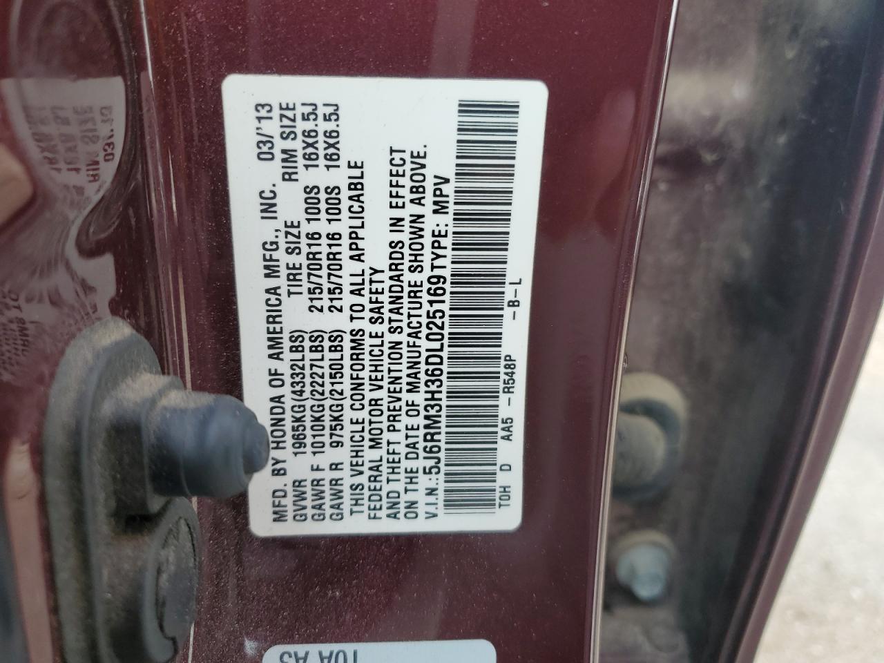 5J6RM3H36DL025169 2013 Honda Cr-V Lx