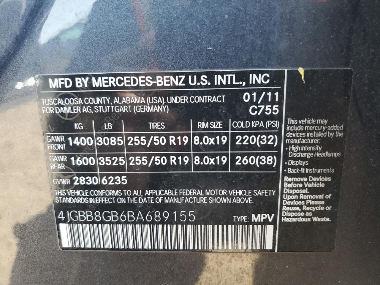 4JGBB8GB6BA689155 2011 Mercedes-Benz Ml 350 4Matic