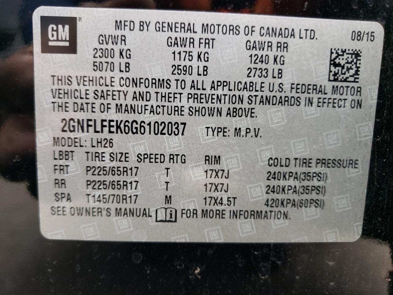 2GNFLFEK6G6102037 2016 Chevrolet Equinox Lt