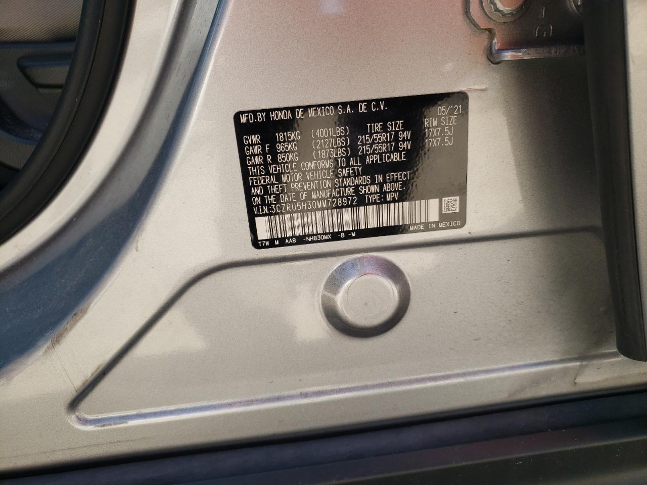 3CZRU5H30MM728972 2021 Honda Hr-V Lx