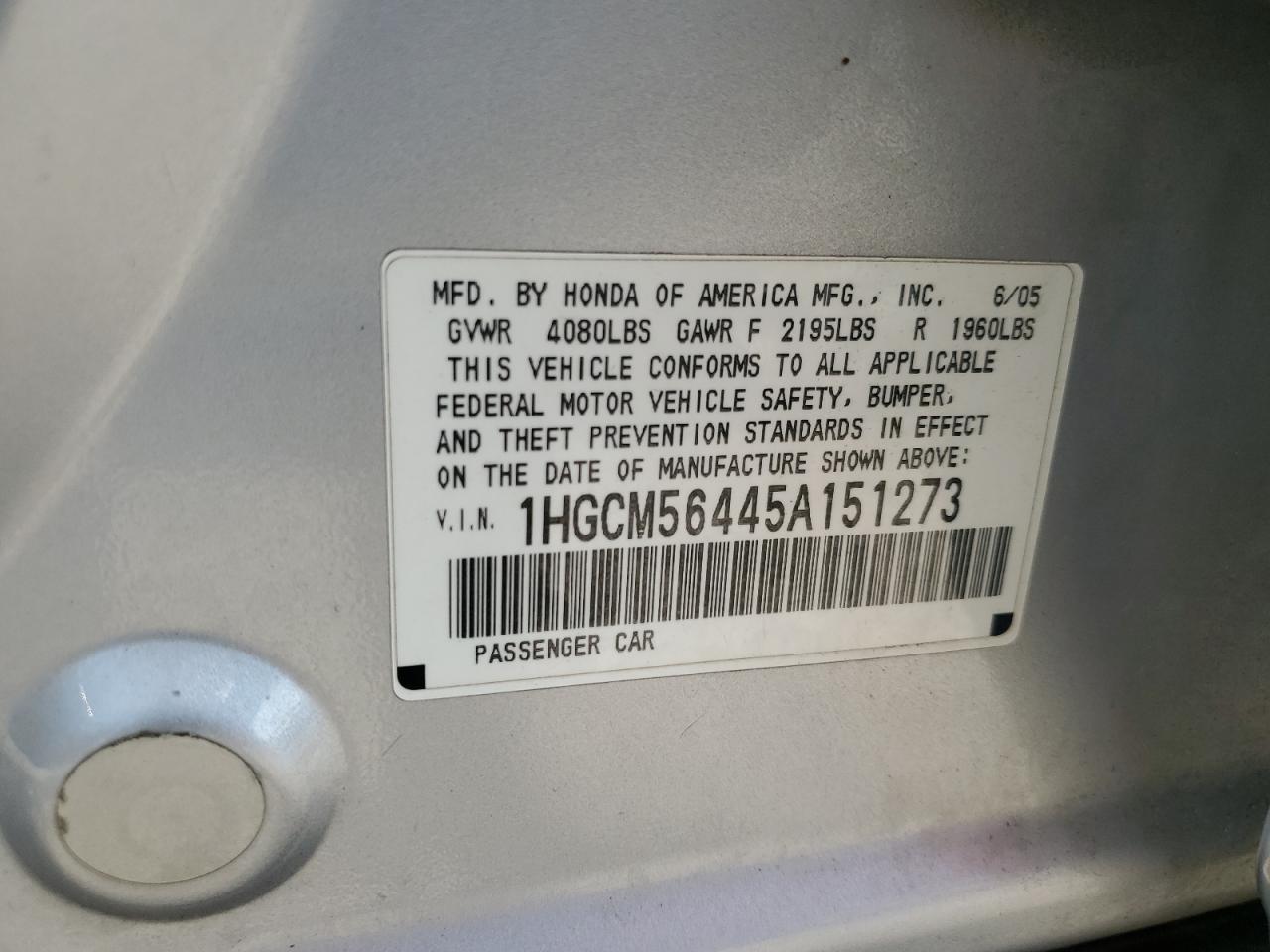 1HGCM56445A151273 2005 Honda Accord Lx