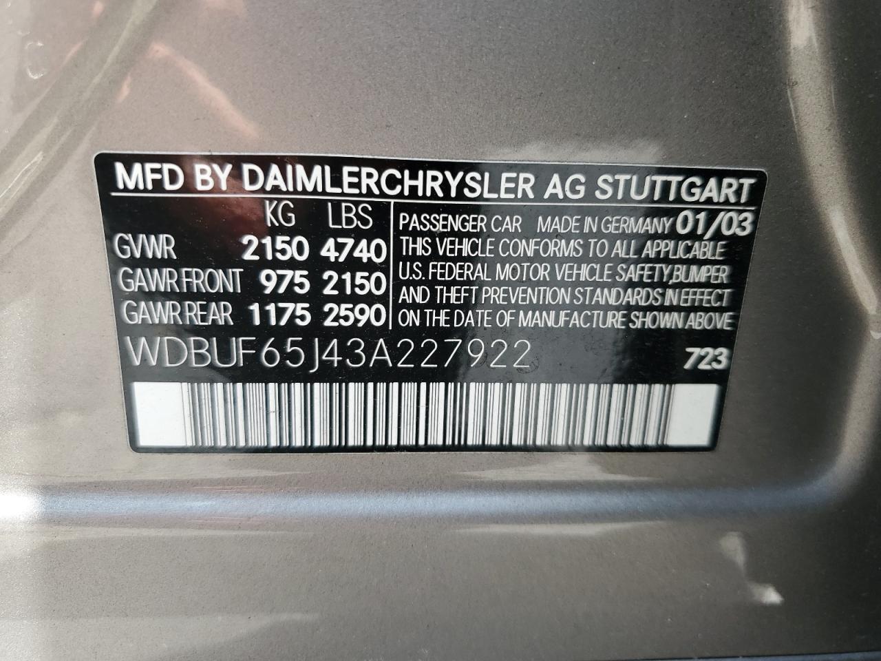 WDBUF65J43A227922 2003 Mercedes-Benz E 320