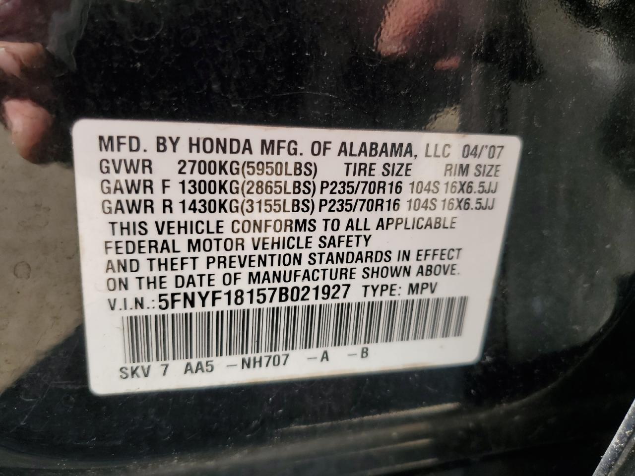 5FNYF18157B021927 2007 Honda Pilot Lx