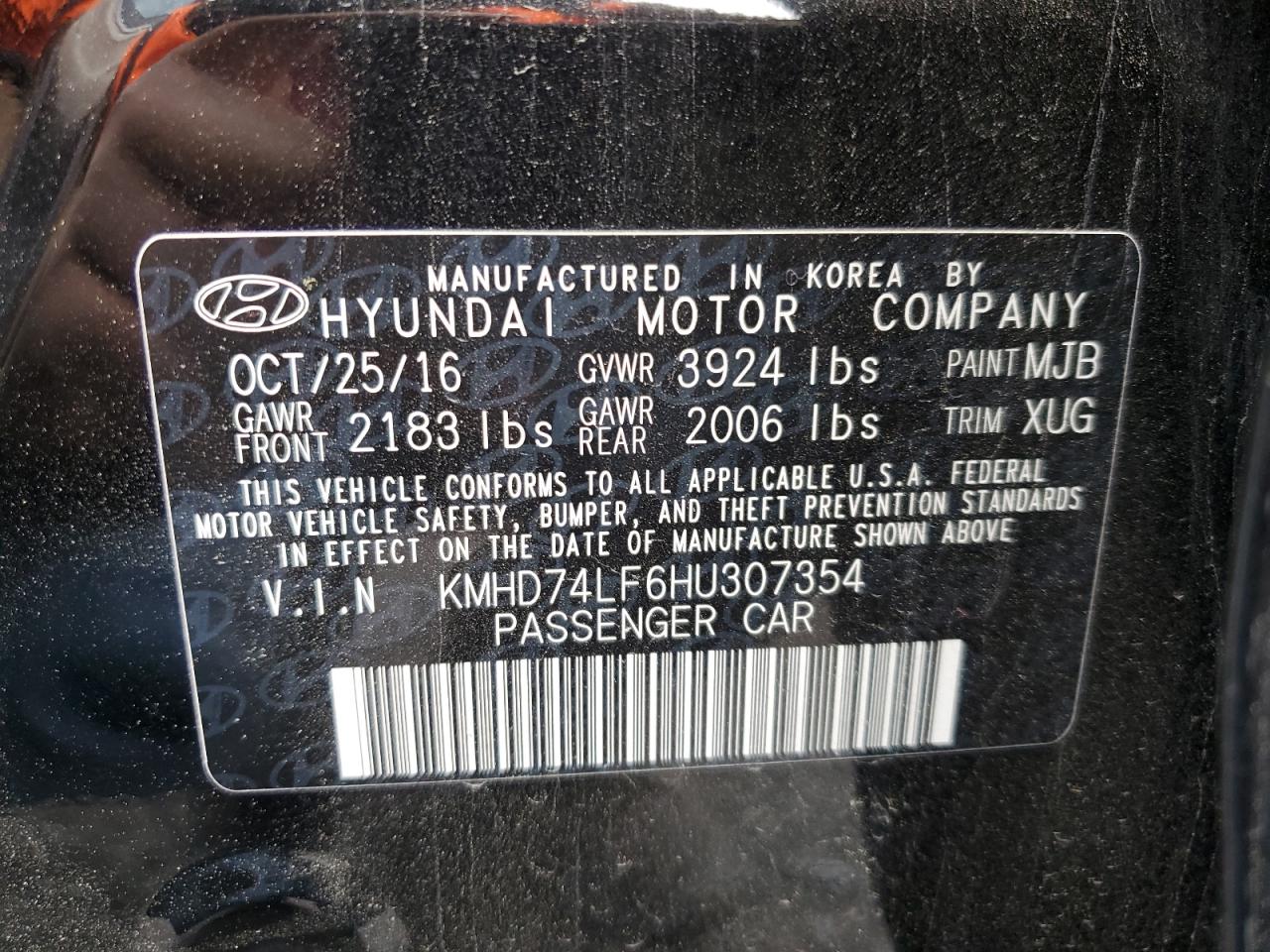 KMHD74LF6HU307354 2017 Hyundai Elantra Se