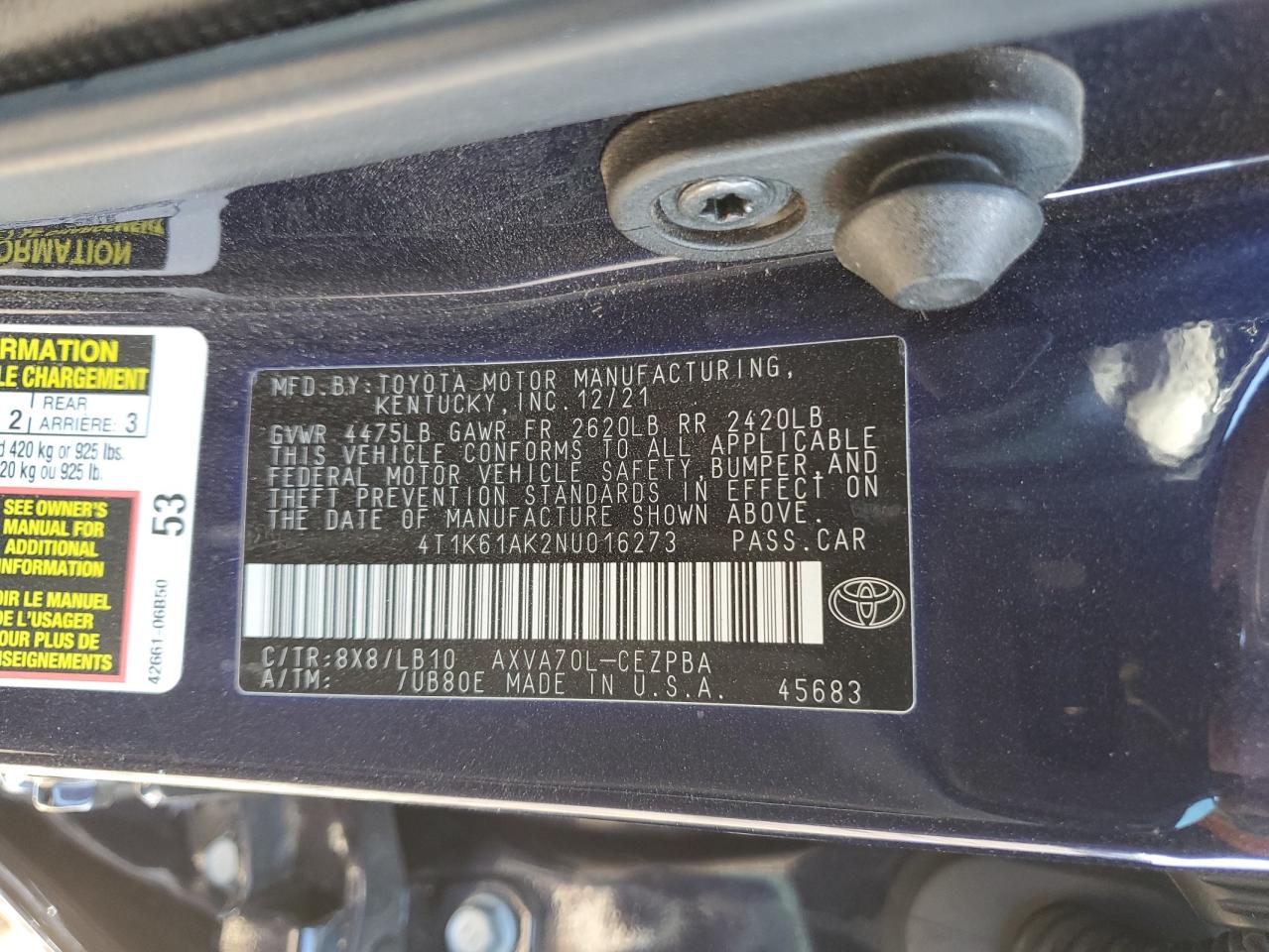 4T1K61AK2NU016273 2022 Toyota Camry Xse