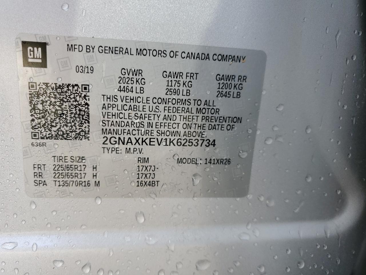 2GNAXKEV1K6253734 2019 Chevrolet Equinox Lt