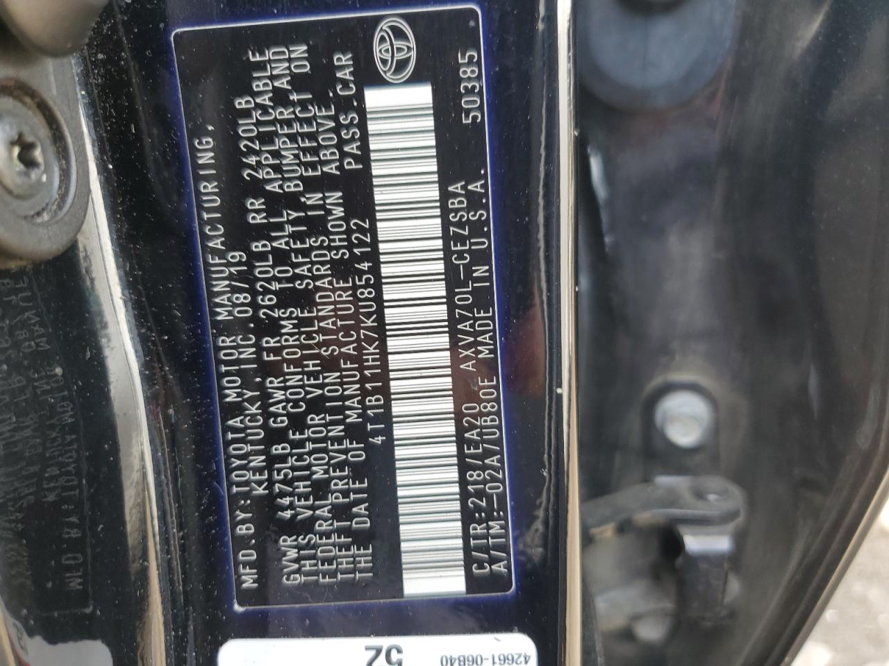 4T1B11HK7KU854122 2019 Toyota Camry L