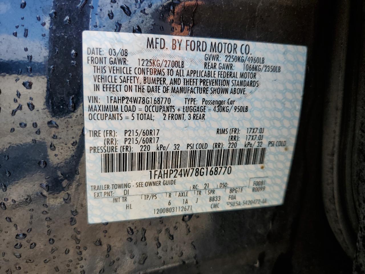 1FAHP24W78G168770 2008 Ford Taurus Sel