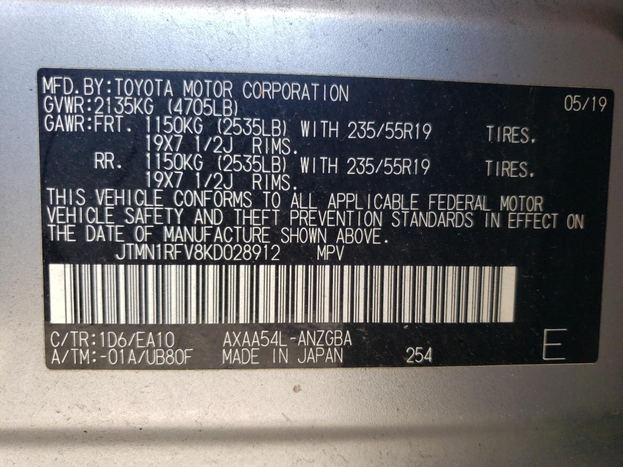 JTMN1RFV8KD028912 2019 Toyota Rav4 Limited