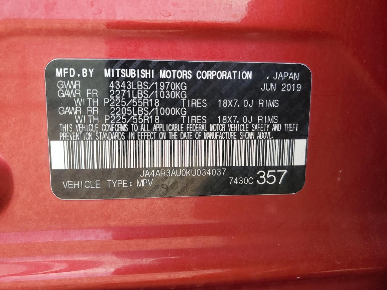 JA4AR3AU0KU034037 2019 Mitsubishi Outlander Sport Es