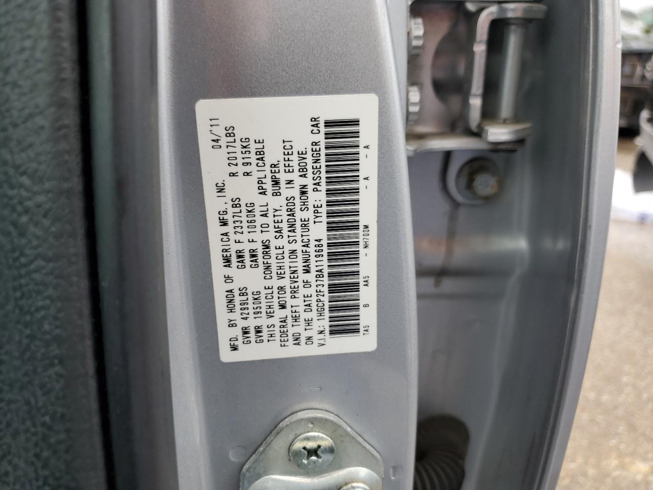 1HGCP2F37BA119684 2011 Honda Accord Lx