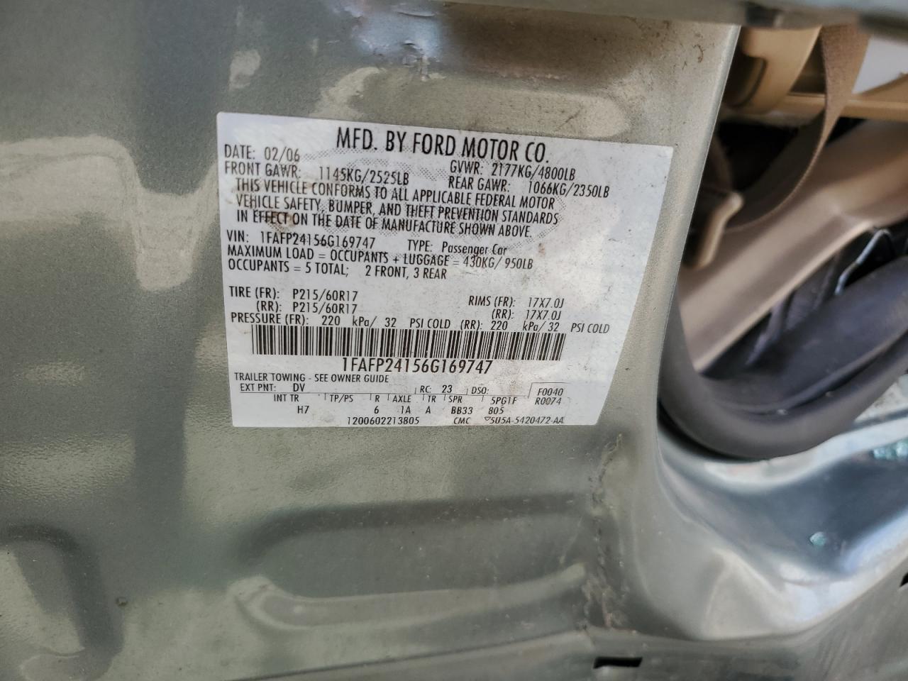 1FAFP24156G169747 2006 Ford Five Hundred Sel