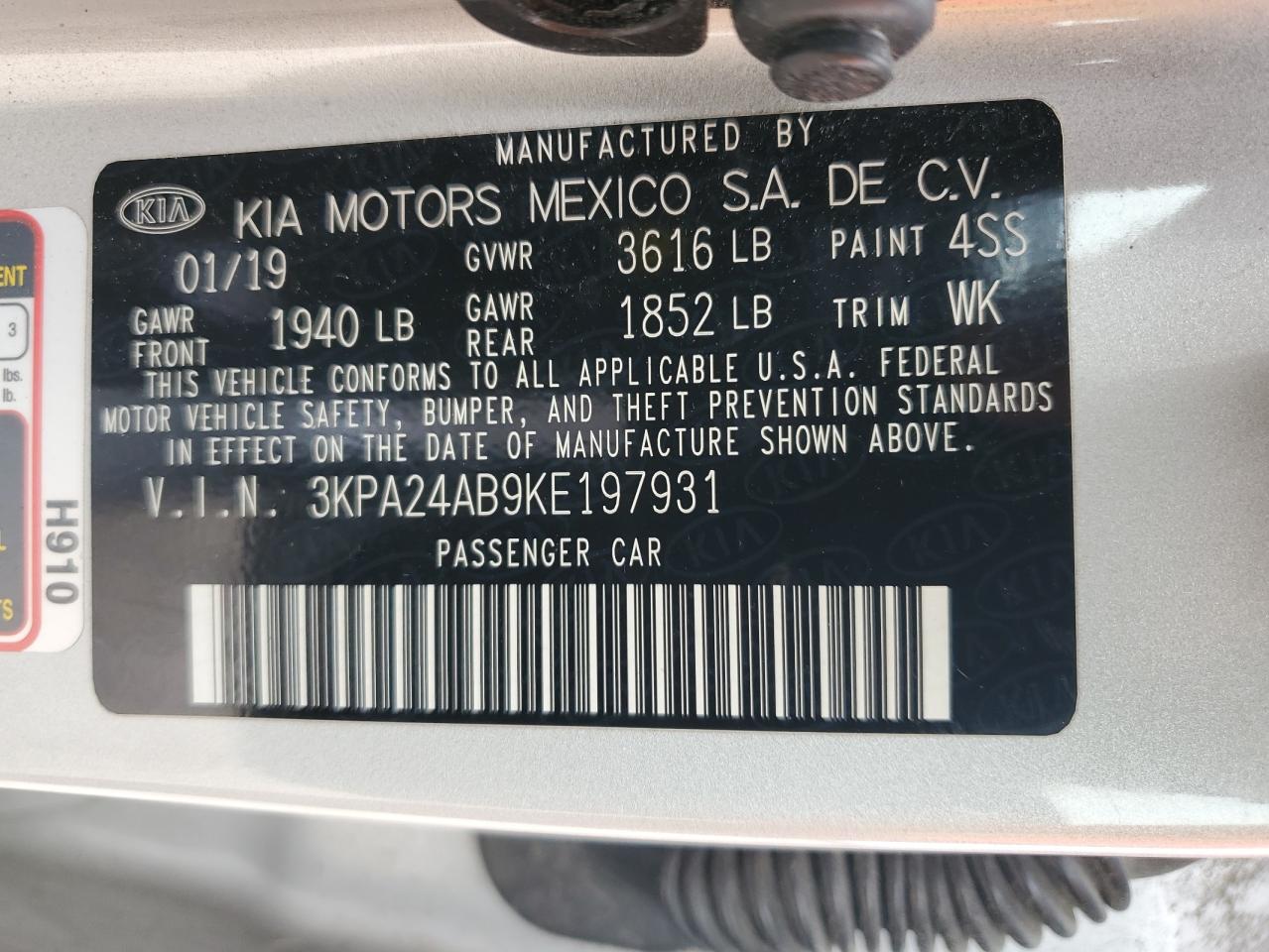 3KPA24AB9KE197931 2019 Kia Rio S