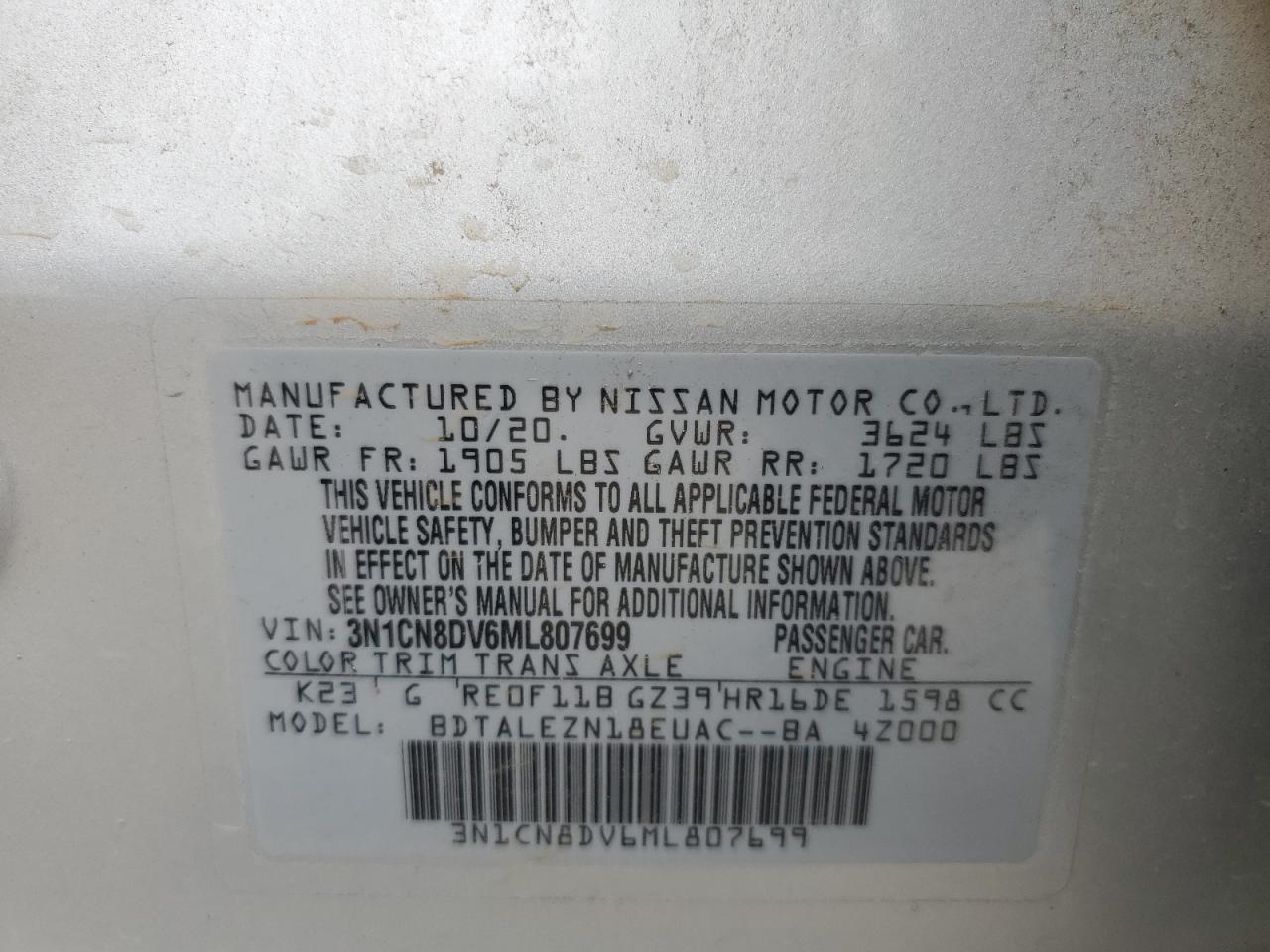 3N1CN8DV6ML807699 2021 Nissan Versa S