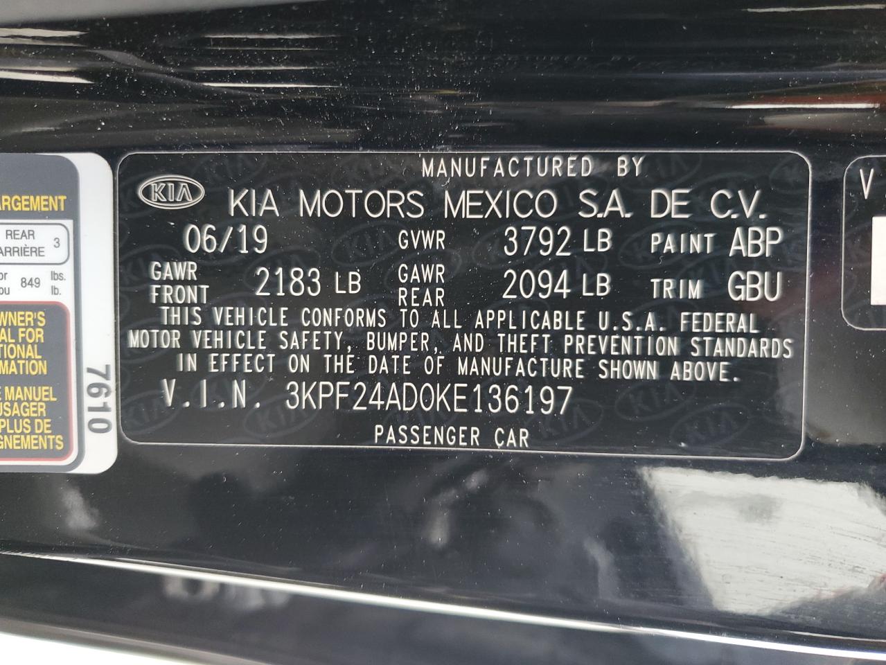 3KPF24AD0KE136197 2019 Kia Forte Fe