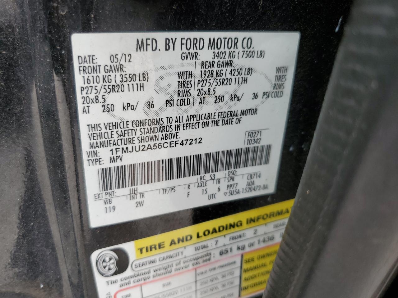 1FMJU2A56CEF47212 2012 Ford Expedition Limited