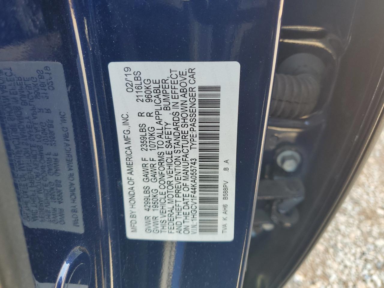 1HGCV1F44KA055743 2019 Honda Accord Ex