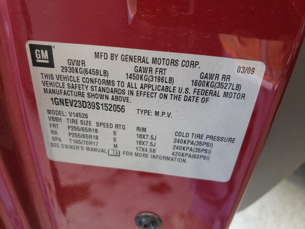 1GNEV23D39S152056 2009 Chevrolet Traverse Lt