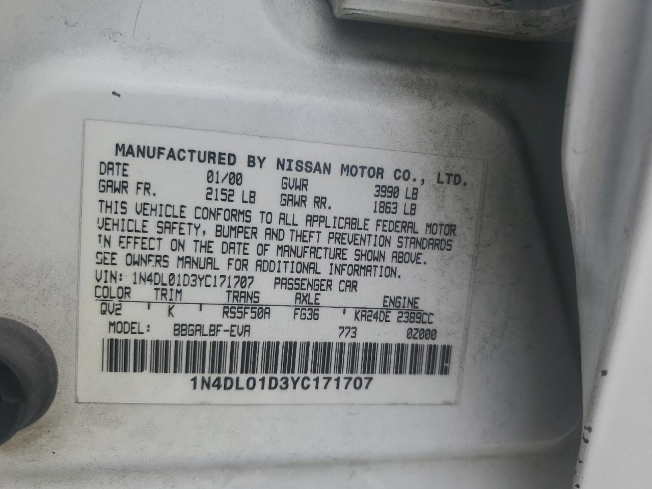 1N4DL01D3YC171707 2000 Nissan Altima Xe