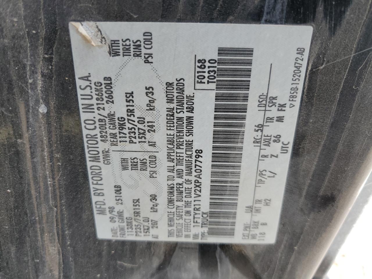 1FTYR11V2XPA07798 1999 Ford Ranger