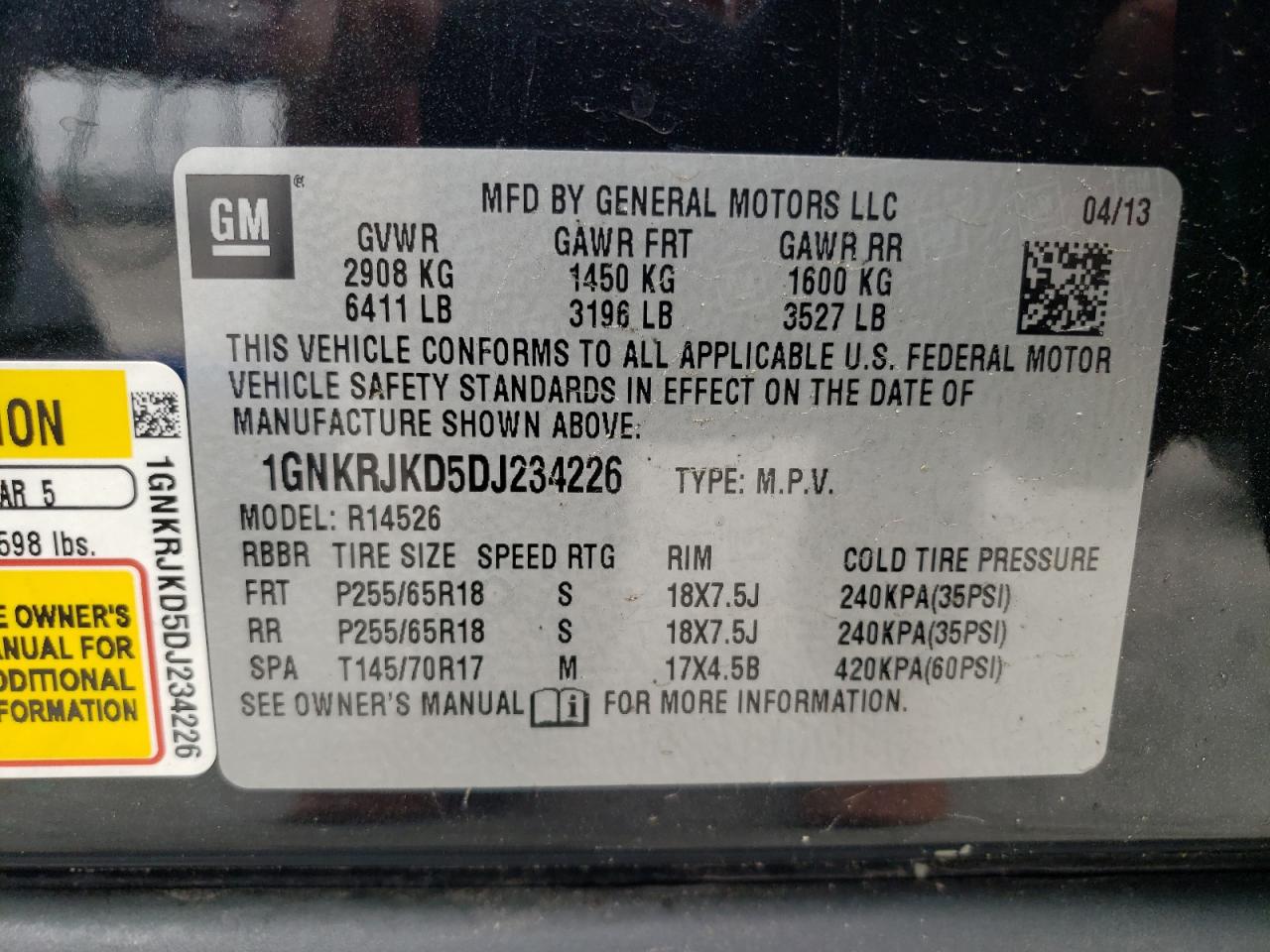 1GNKRJKD5DJ234226 2013 Chevrolet Traverse Lt