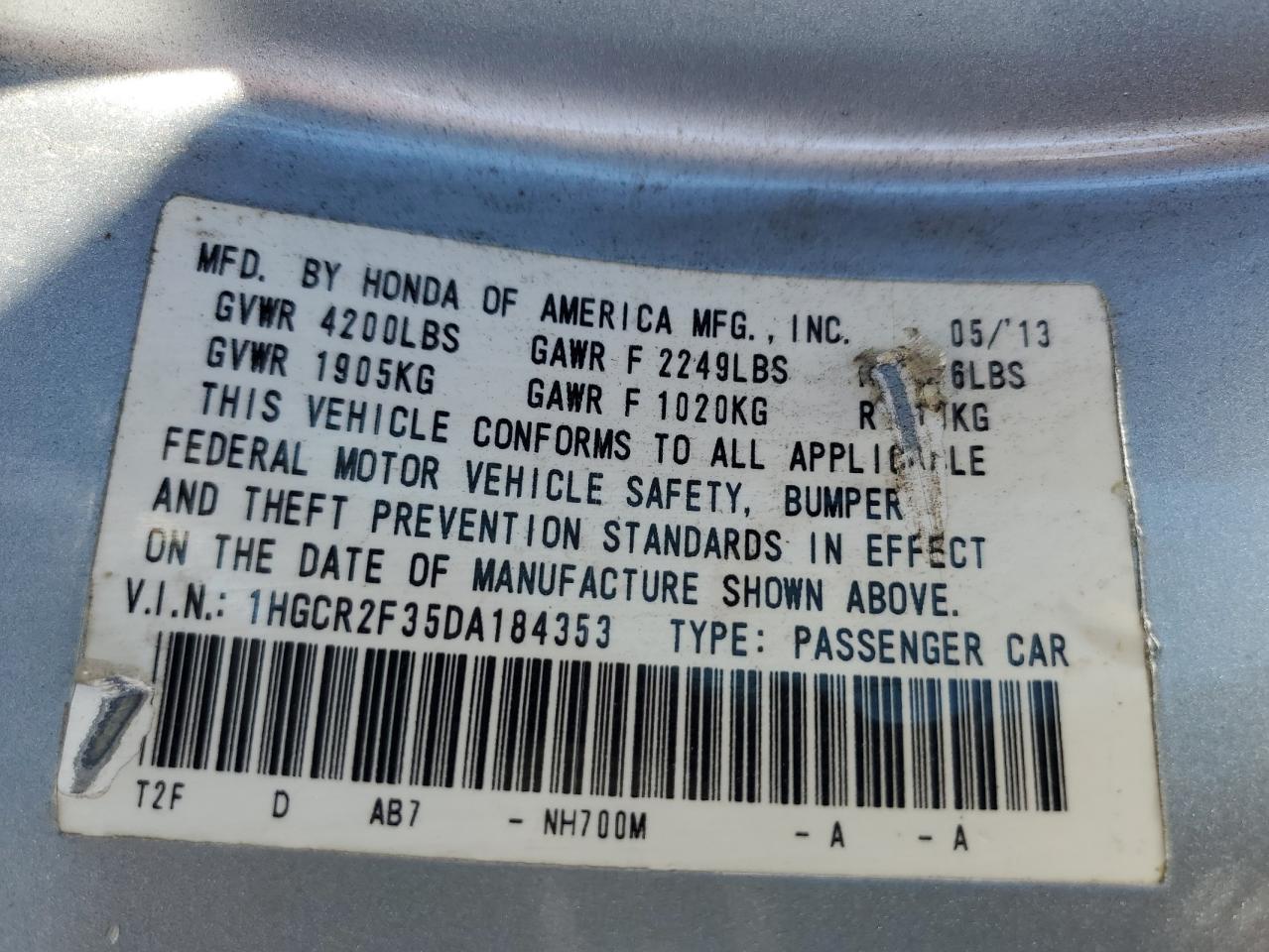 1HGCR2F35DA184353 2013 Honda Accord Lx