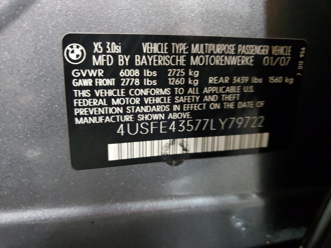 4USFE43577LY79722 2007 BMW X5 3.0I