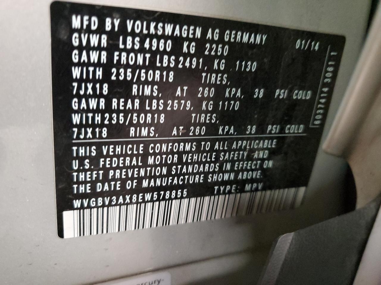 WVGBV3AX8EW578855 2014 Volkswagen Tiguan S