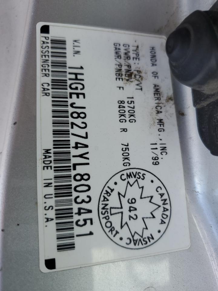 1HGEJ8274YL803451 2000 Honda Civic Si