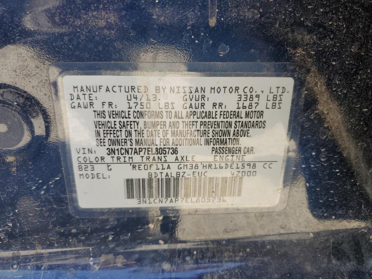 3N1CN7AP7EL805736 2014 Nissan Versa S