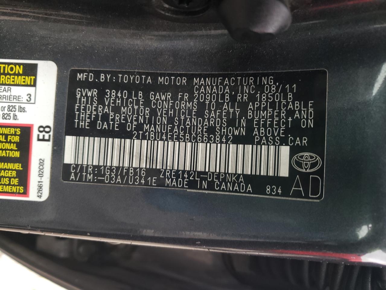 2T1BU4EE5BC663842 2011 Toyota Corolla Base