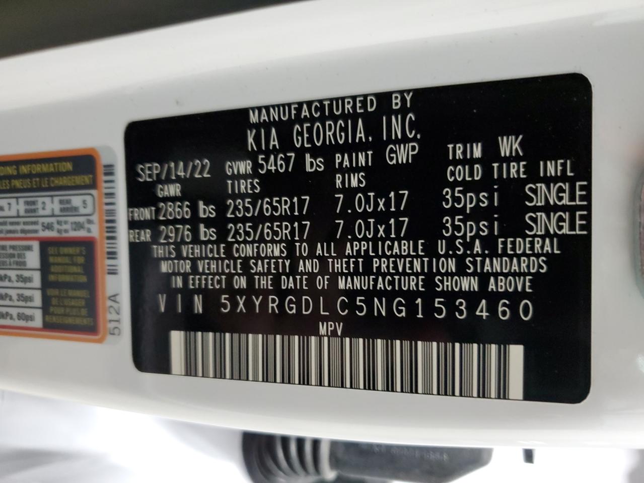 5XYRGDLC5NG153460 2022 Kia Sorento Lx