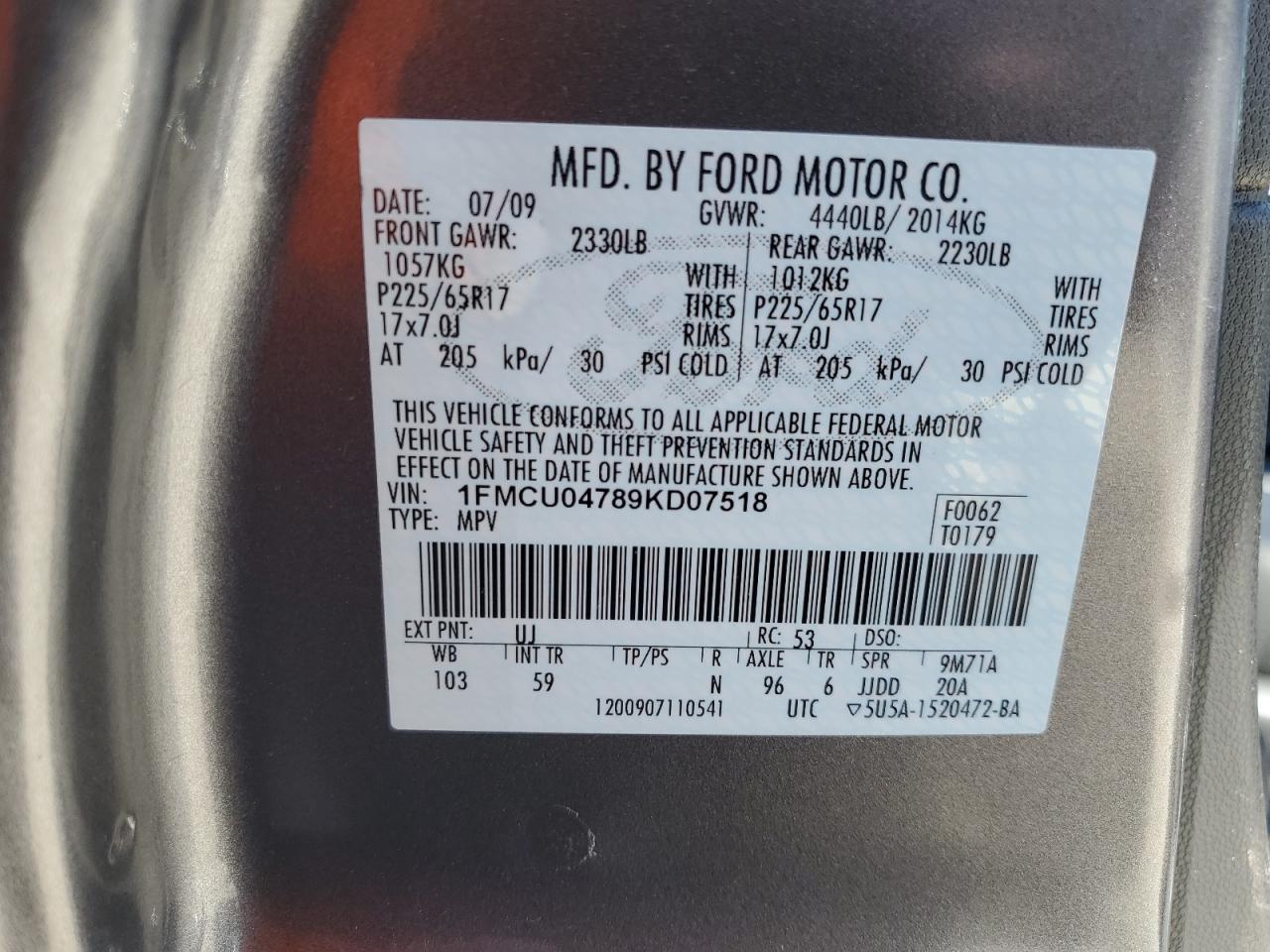 1FMCU04789KD07518 2009 Ford Escape Limited