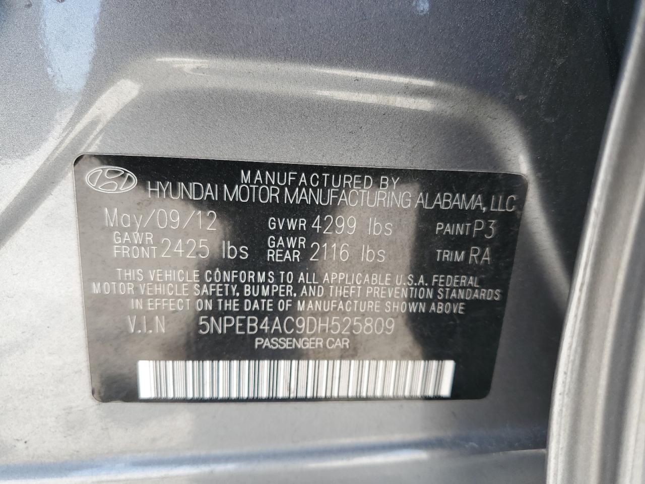 5NPEB4AC9DH525809 2013 Hyundai Sonata Gls