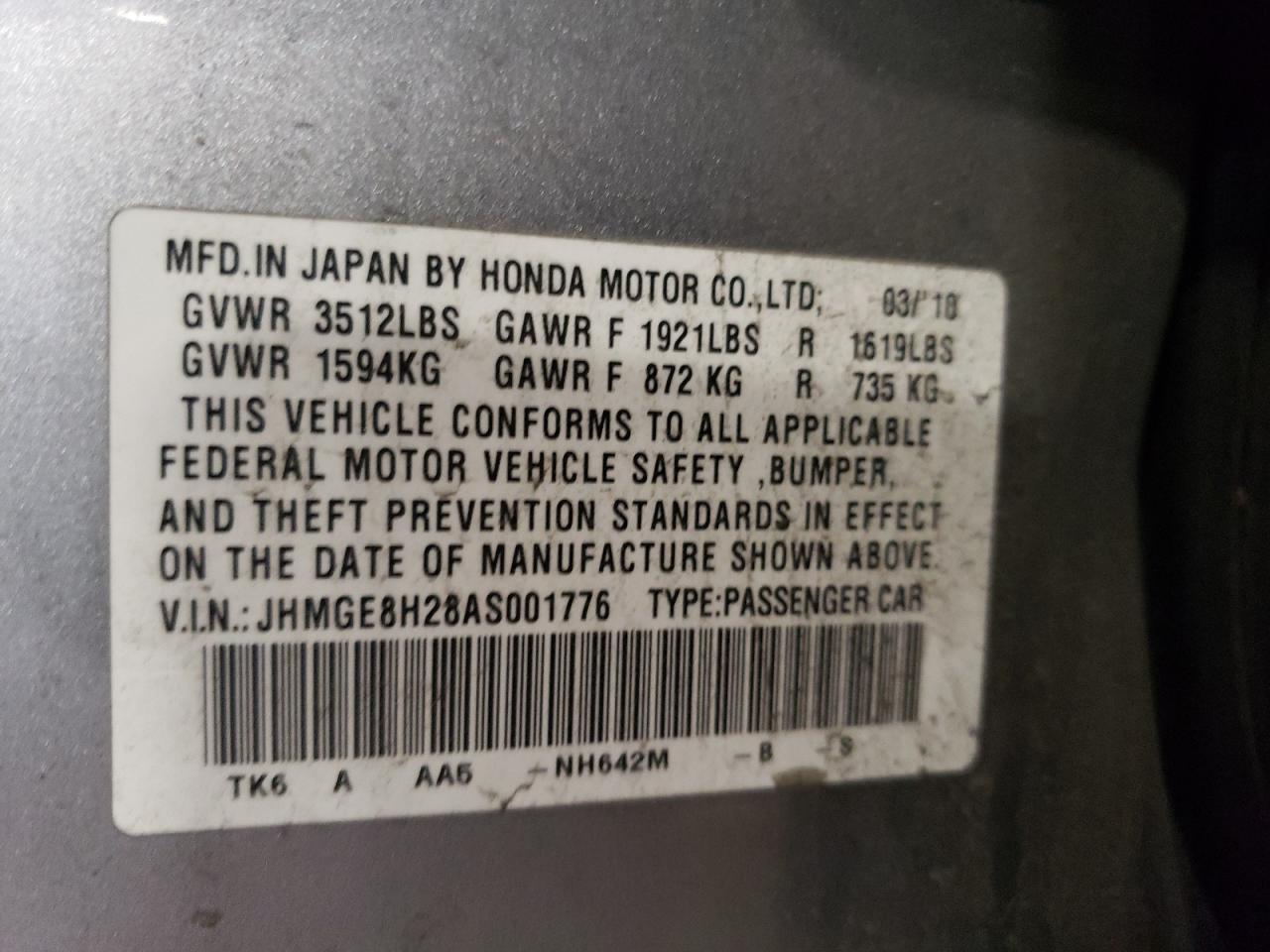 JHMGE8H28AS001776 2010 Honda Fit