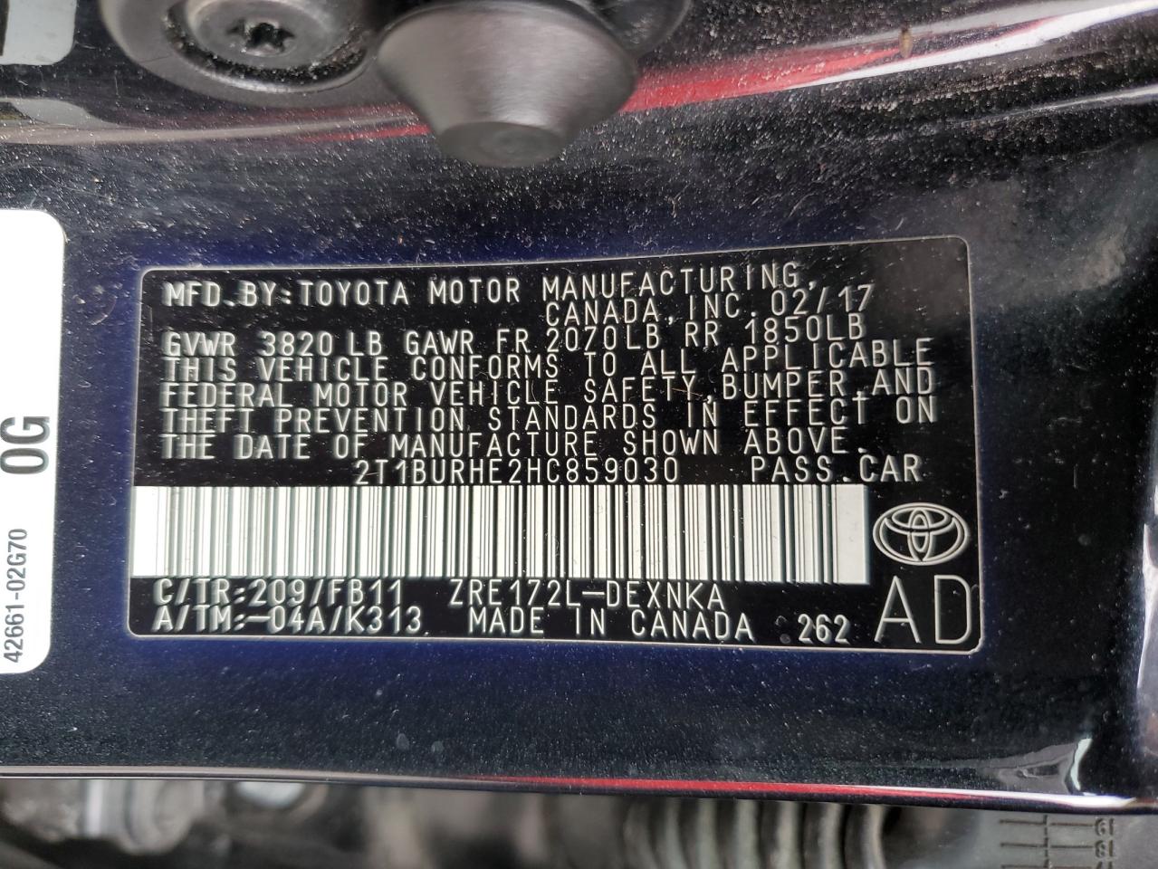 2T1BURHE2HC859030 2017 Toyota Corolla L