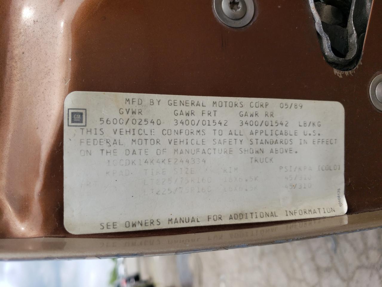 1GCDK14K4KE244334 1989 Chevrolet Gmt-400 K1500