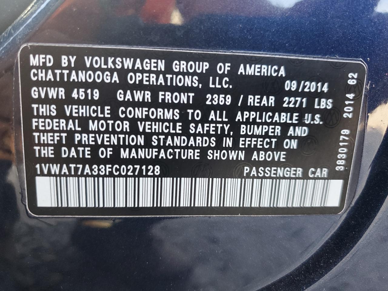 1VWAT7A33FC027128 2015 Volkswagen Passat S