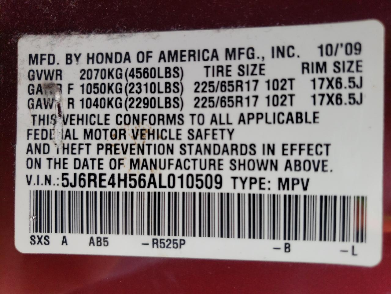 5J6RE4H56AL010509 2010 Honda Cr-V Ex