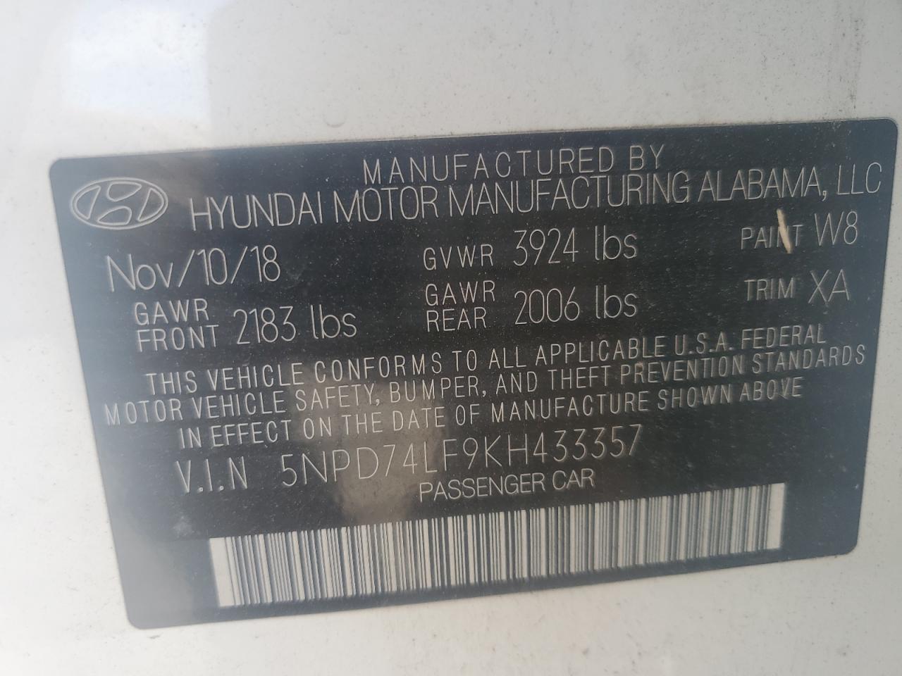 5NPD74LF9KH433357 2019 Hyundai Elantra Se