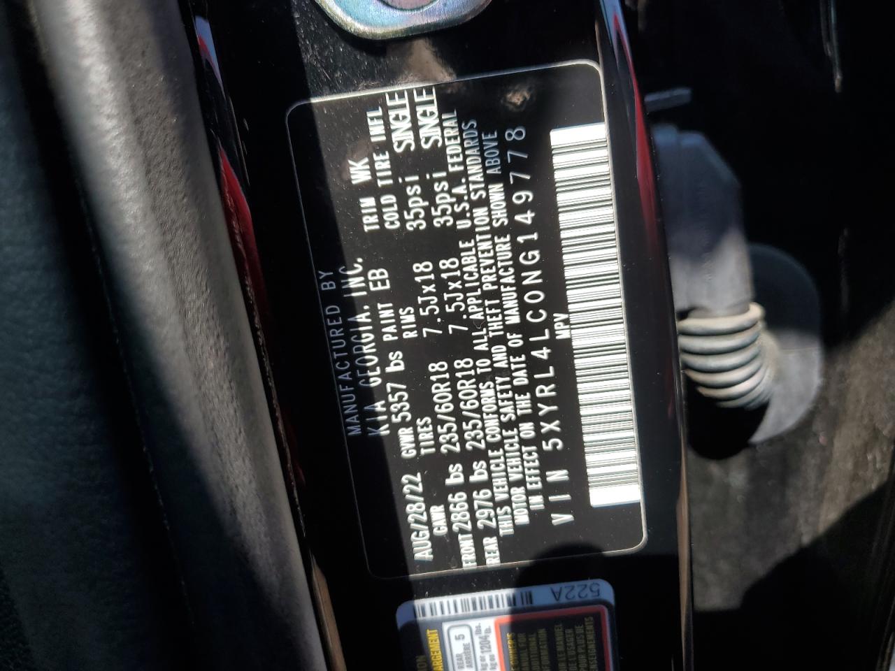 5XYRL4LC0NG149778 2022 Kia Sorento S