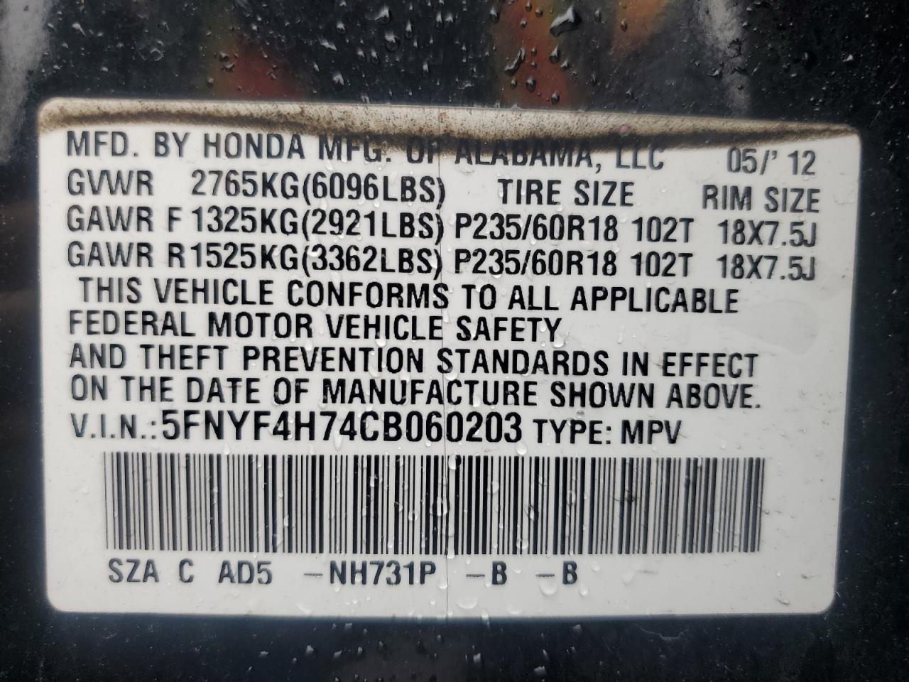 5FNYF4H74CB060203 2012 Honda Pilot Exln