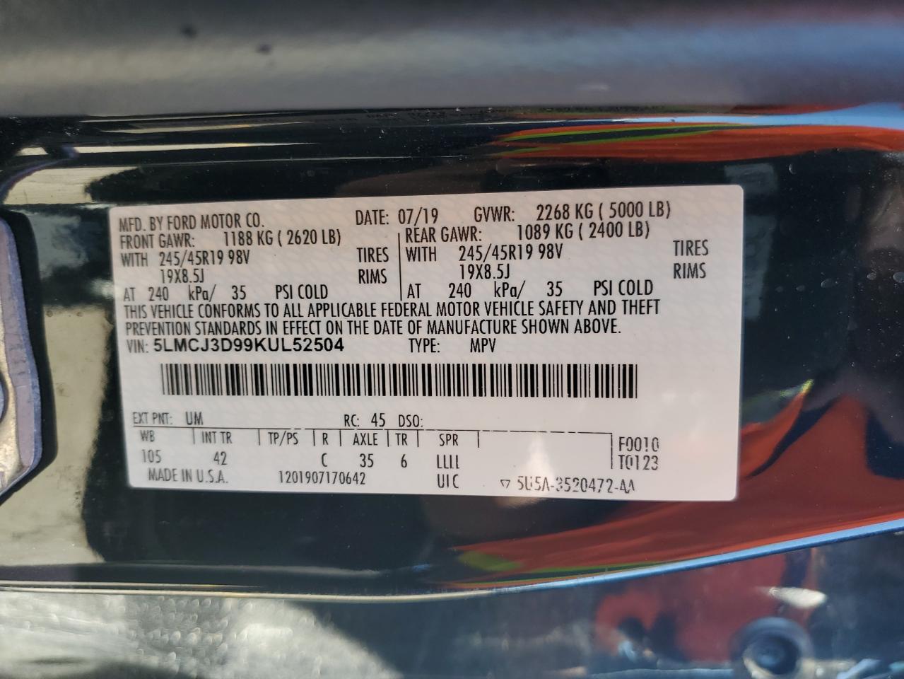 5LMCJ3D99KUL52504 2019 Lincoln Mkc Reserve