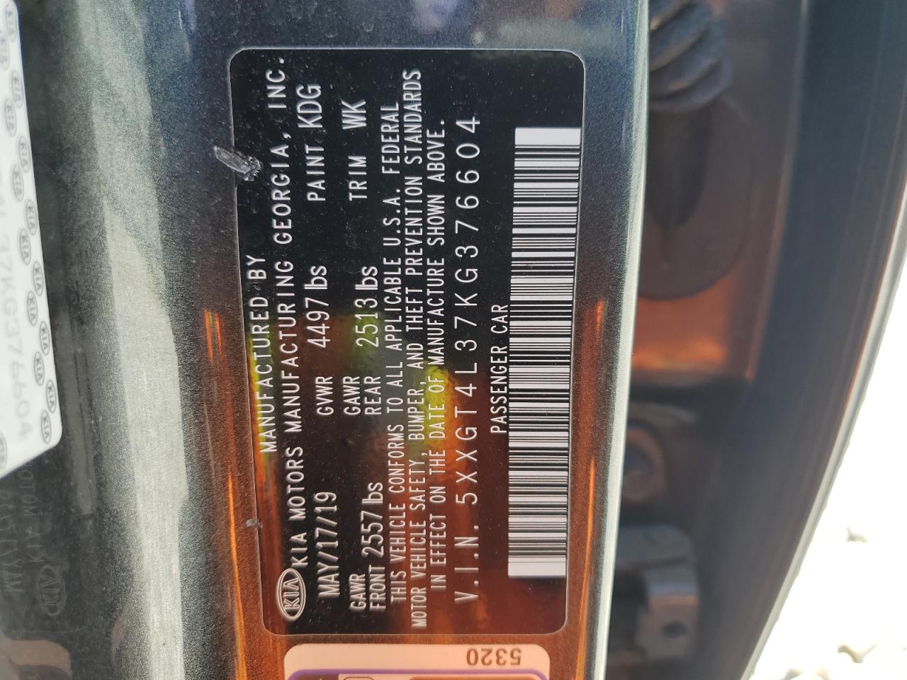 5XXGT4L37KG376604 2019 Kia Optima Lx