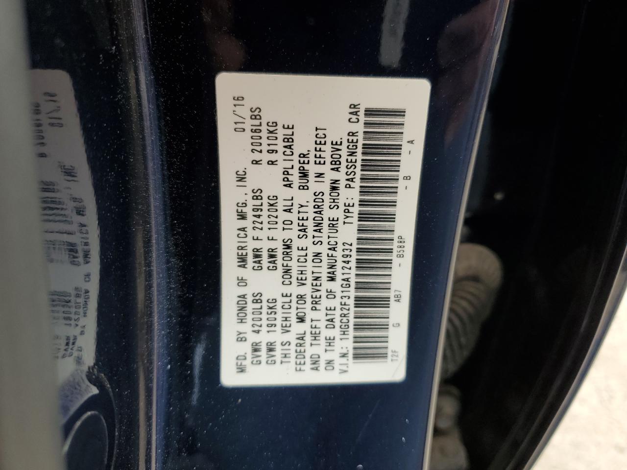 1HGCR2F31GA124932 2016 Honda Accord Lx