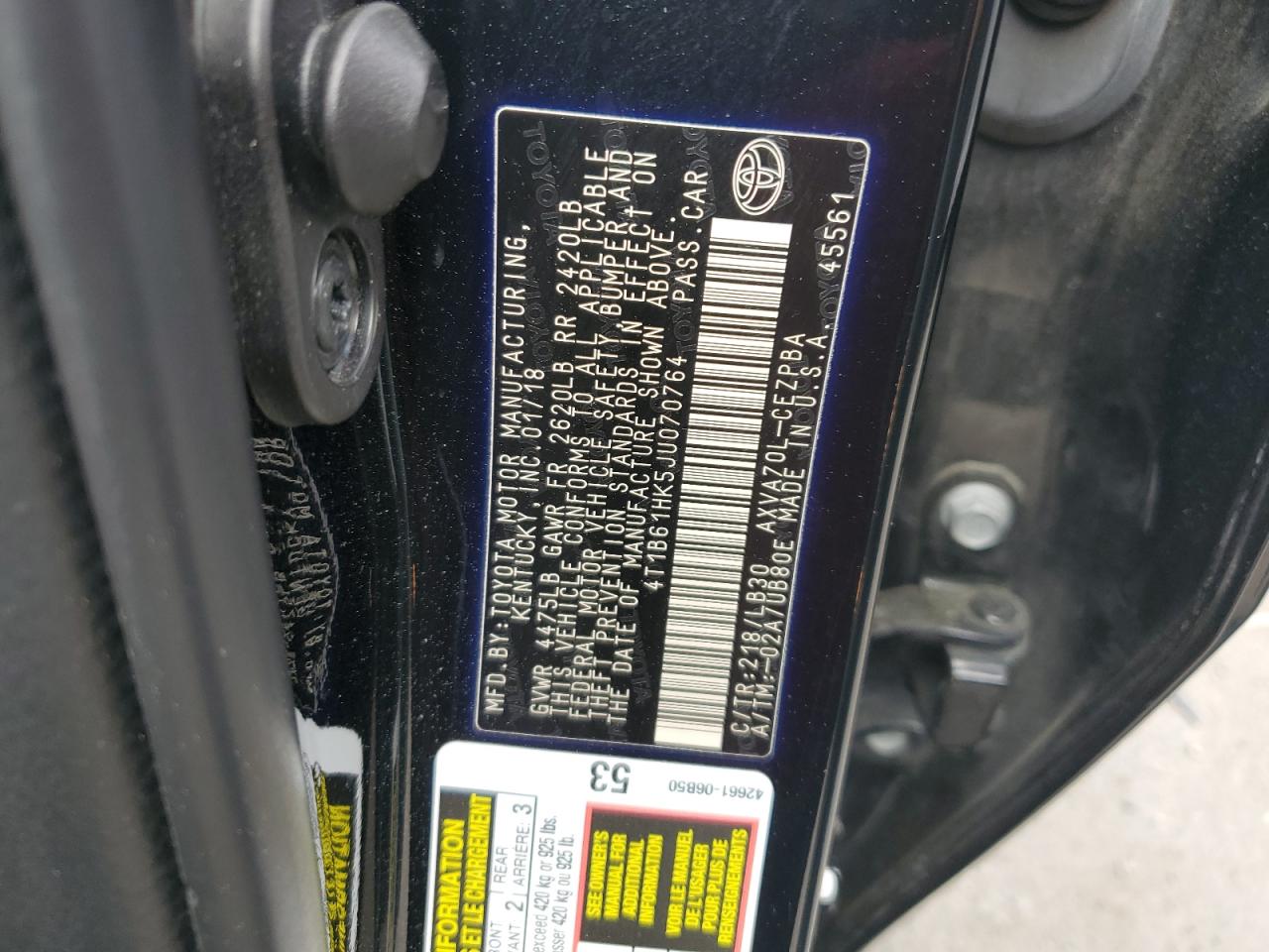 4T1B61HK5JU070764 TOYOTA CAMRY 2018
