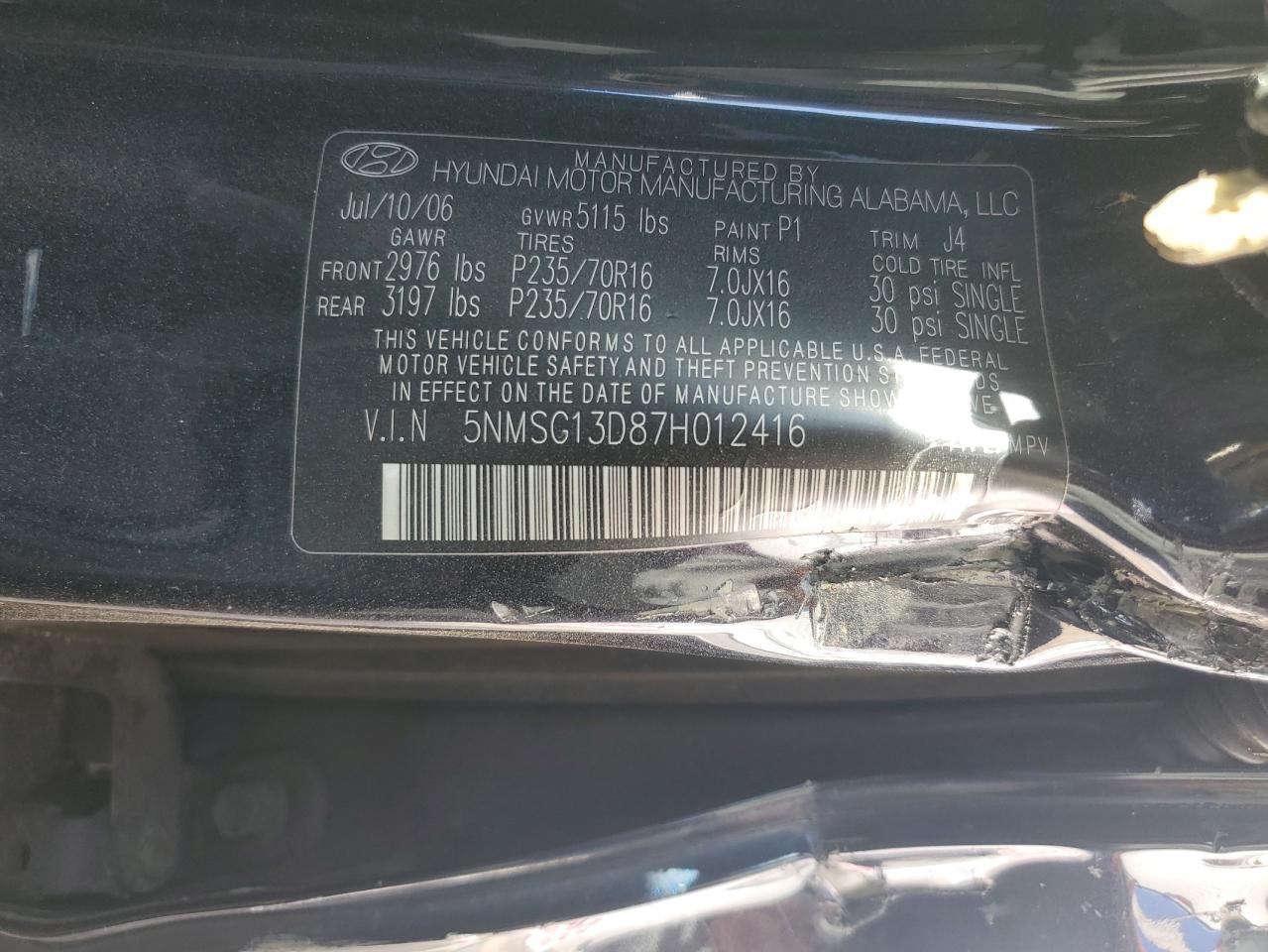 5NMSG13D87H012416 2007 Hyundai Santa Fe Gls