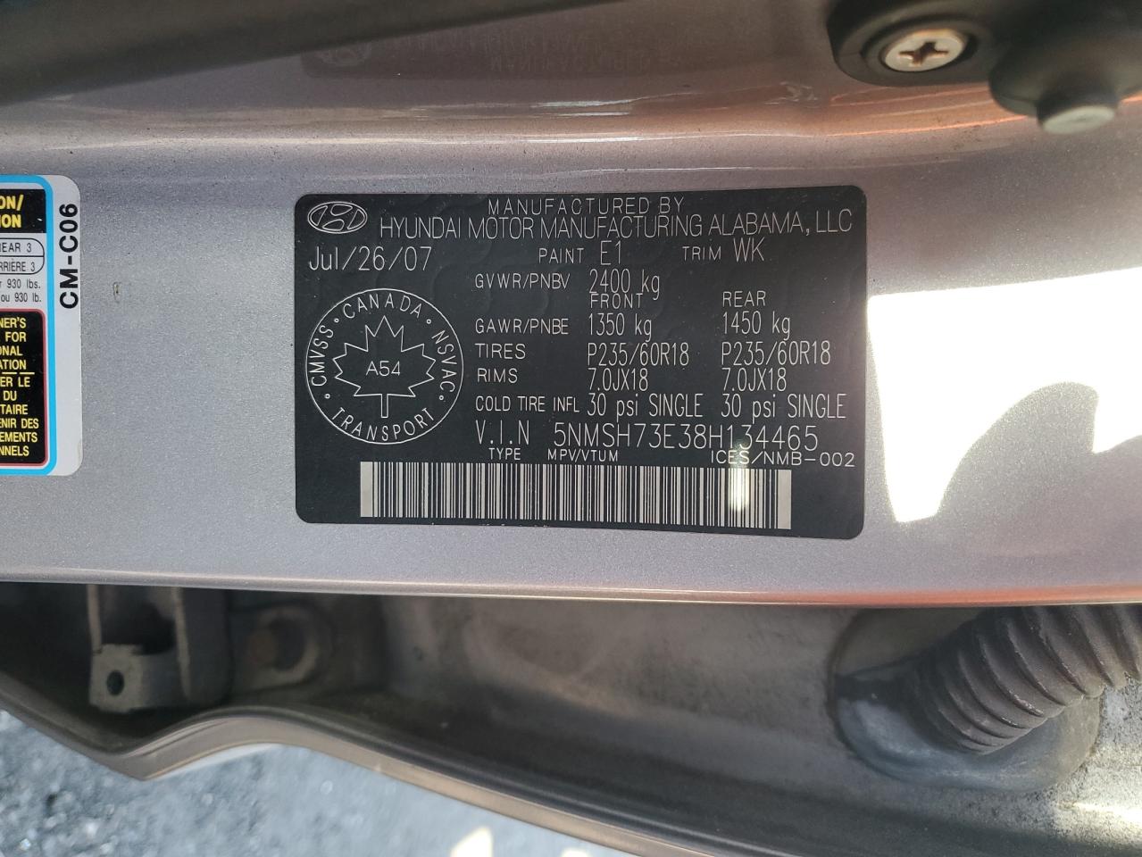 5NMSH73E38H134465 2008 Hyundai Santa Fe Se