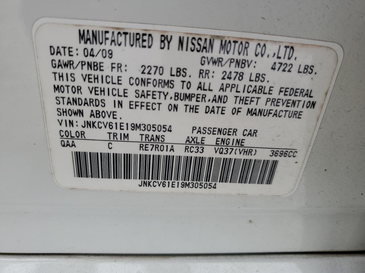 JNKCV61E19M305054 2009 Infiniti G37 Base